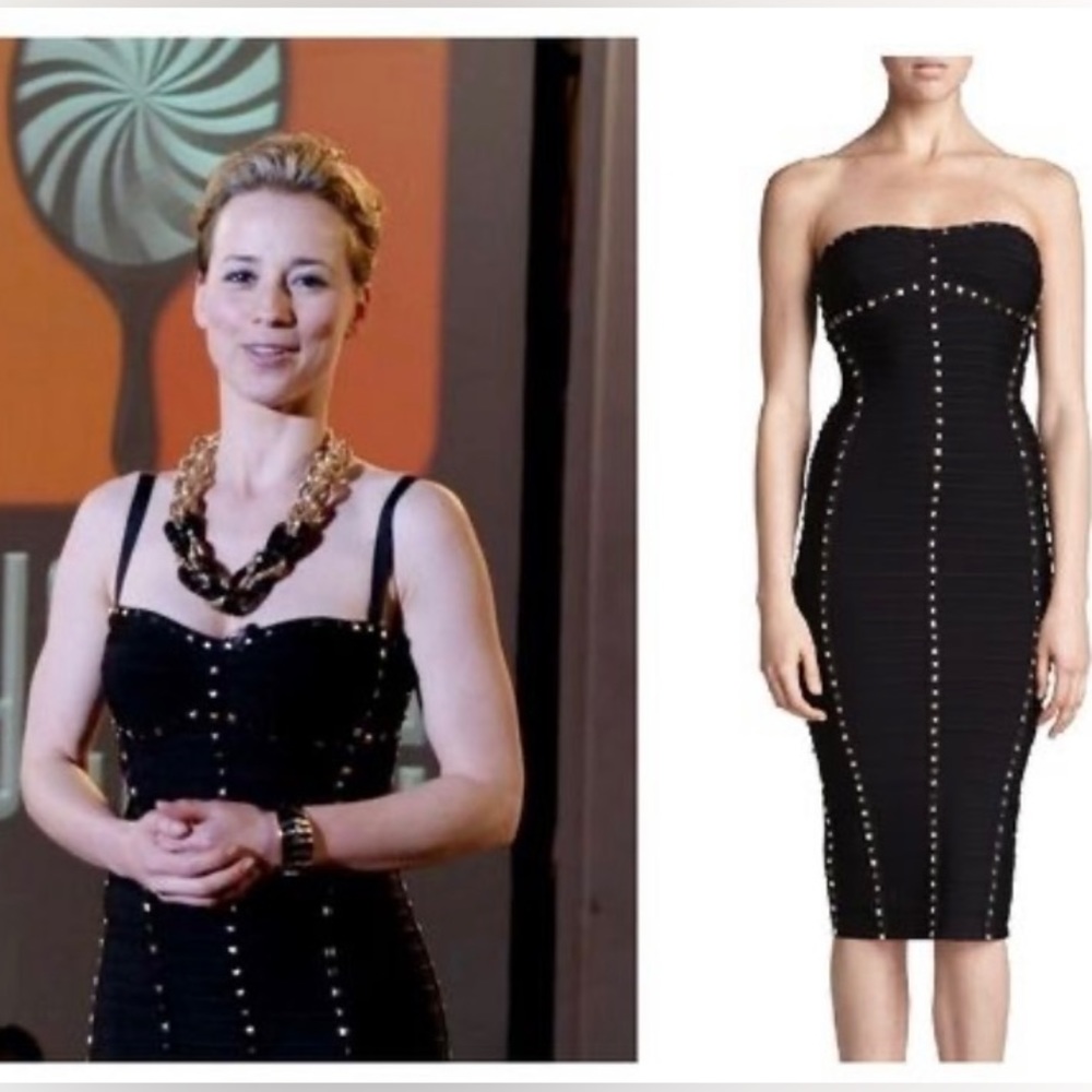 brass studded strapless herve leger dress with sexy zipper XS